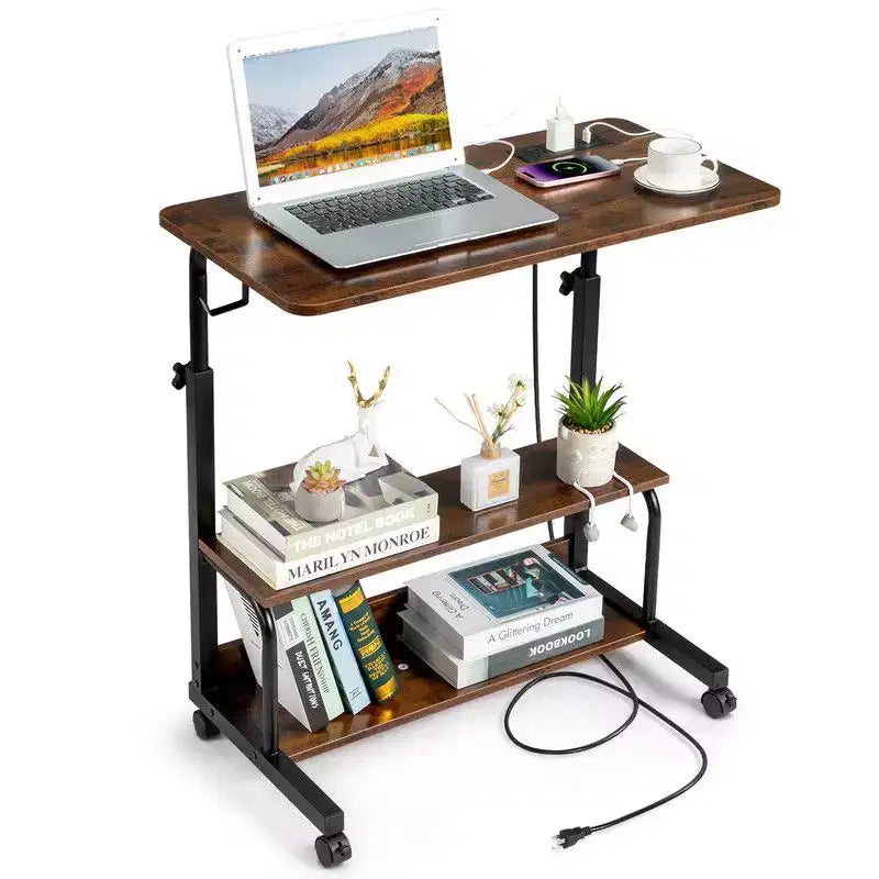 Rolling & Height Adjustable P2 15MM PB Wood& Steel Computer Desk Laptop Side Table End Table with with Charging Station, 2 USB Ports and Outlets-Brown