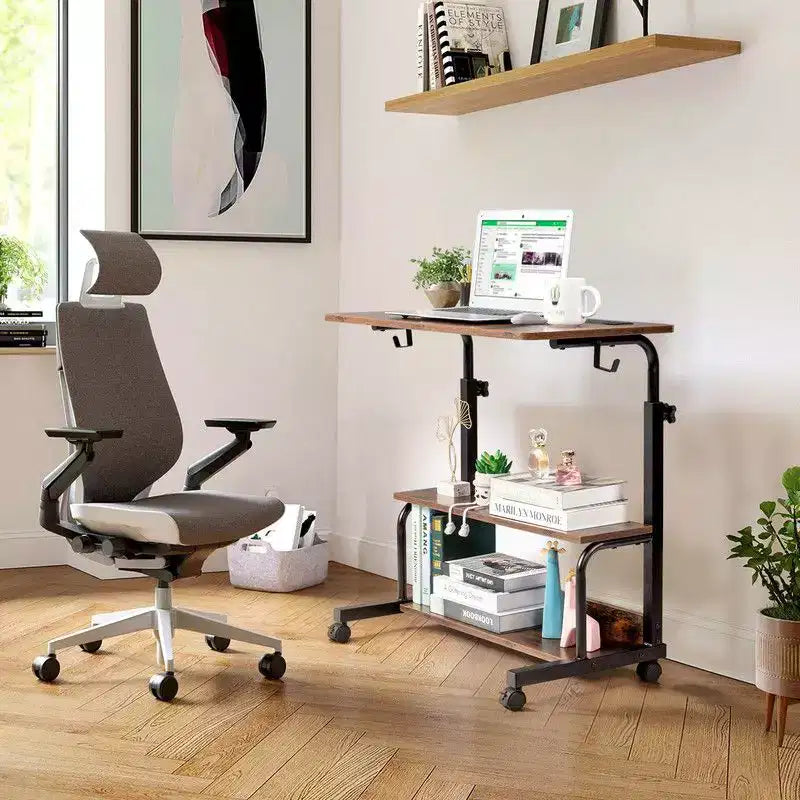 Table d'appoint d'ordinateur portable en bois et acier, roulante et réglable en hauteur, avec station de charge, 2 ports USB et prises électriques - Marron