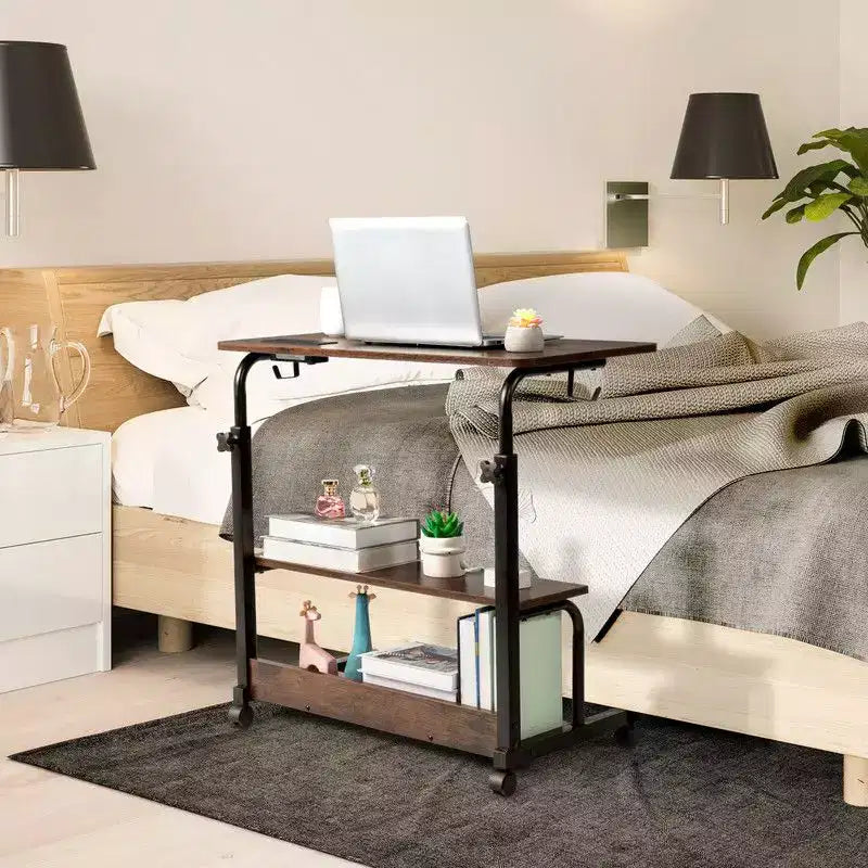 Table d'appoint d'ordinateur portable en bois et acier, roulante et réglable en hauteur, avec station de charge, 2 ports USB et prises électriques - Marron