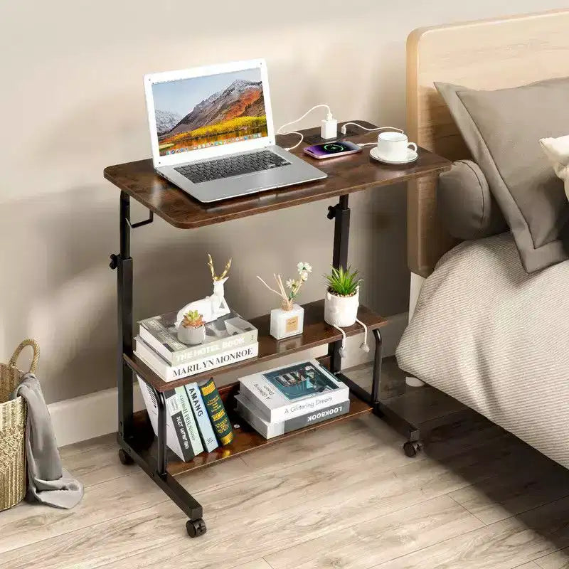 Table d'appoint d'ordinateur portable en bois et acier, roulante et réglable en hauteur, avec station de charge, 2 ports USB et prises électriques - Marron