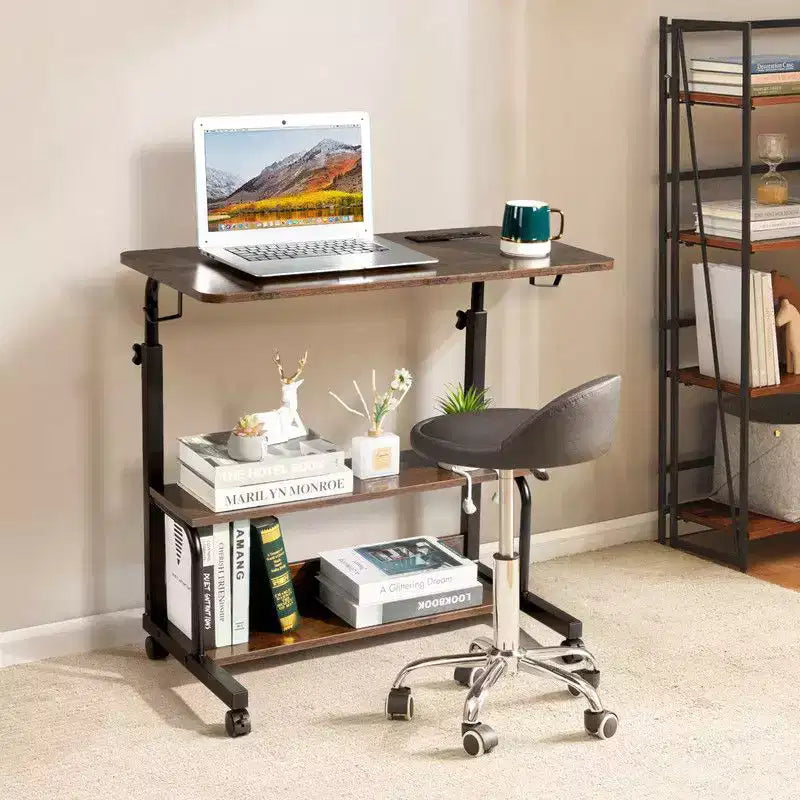 Table d'appoint d'ordinateur portable en bois et acier, roulante et réglable en hauteur, avec station de charge, 2 ports USB et prises électriques - Marron