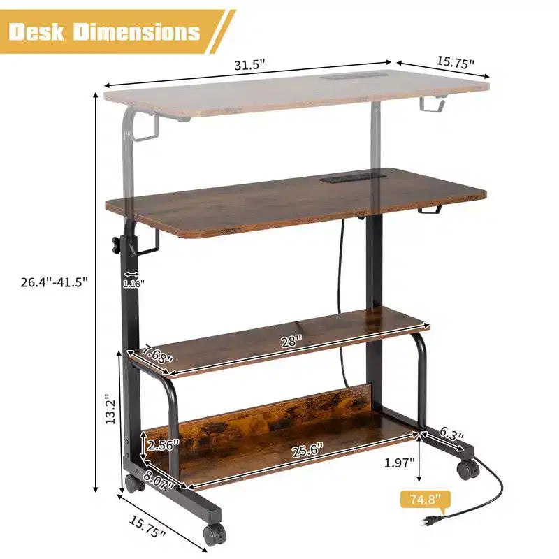Table d'appoint d'ordinateur portable en bois et acier, roulante et réglable en hauteur, avec station de charge, 2 ports USB et prises électriques - Marron