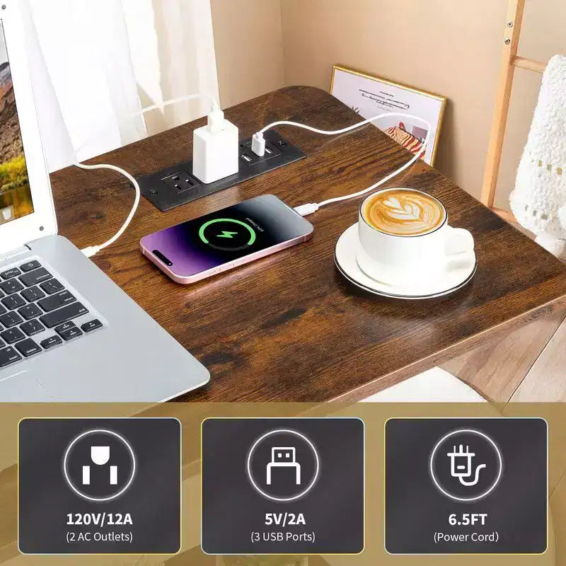 Table d'appoint d'ordinateur portable en bois et acier, roulante et réglable en hauteur, avec station de charge, 2 ports USB et prises électriques - Marron