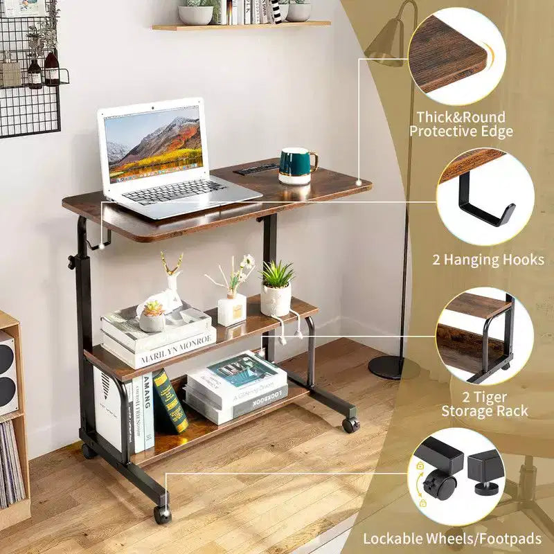 Table d'appoint d'ordinateur portable en bois et acier, roulante et réglable en hauteur, avec station de charge, 2 ports USB et prises électriques - Marron