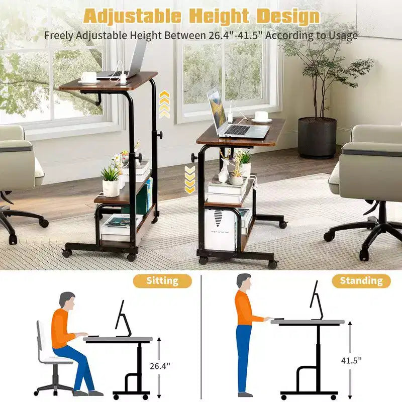 Table d'appoint d'ordinateur portable en bois et acier, roulante et réglable en hauteur, avec station de charge, 2 ports USB et prises électriques - Marron