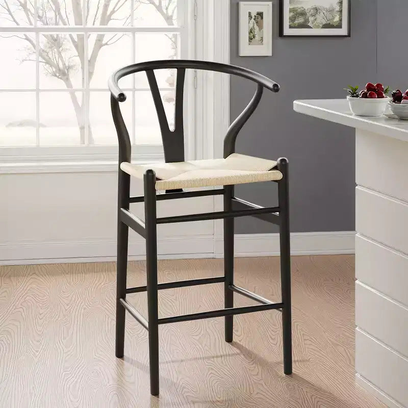 Tabouret de bar Wishbone tissé beige entièrement assemblé, moderne et robuste pour îlot de cuisine