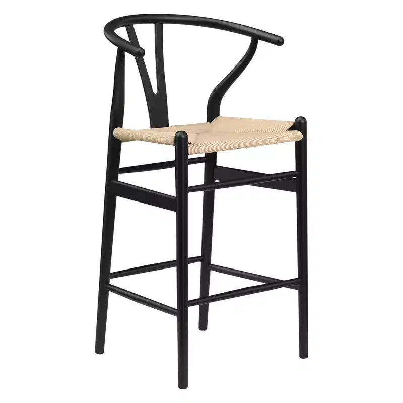 Tabouret de bar Wishbone tissé beige entièrement assemblé, moderne et robuste pour îlot de cuisine