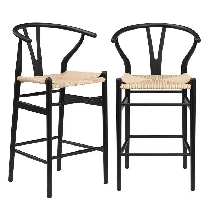 Tabouret de bar Wishbone tissé beige entièrement assemblé, moderne et robuste pour îlot de cuisine