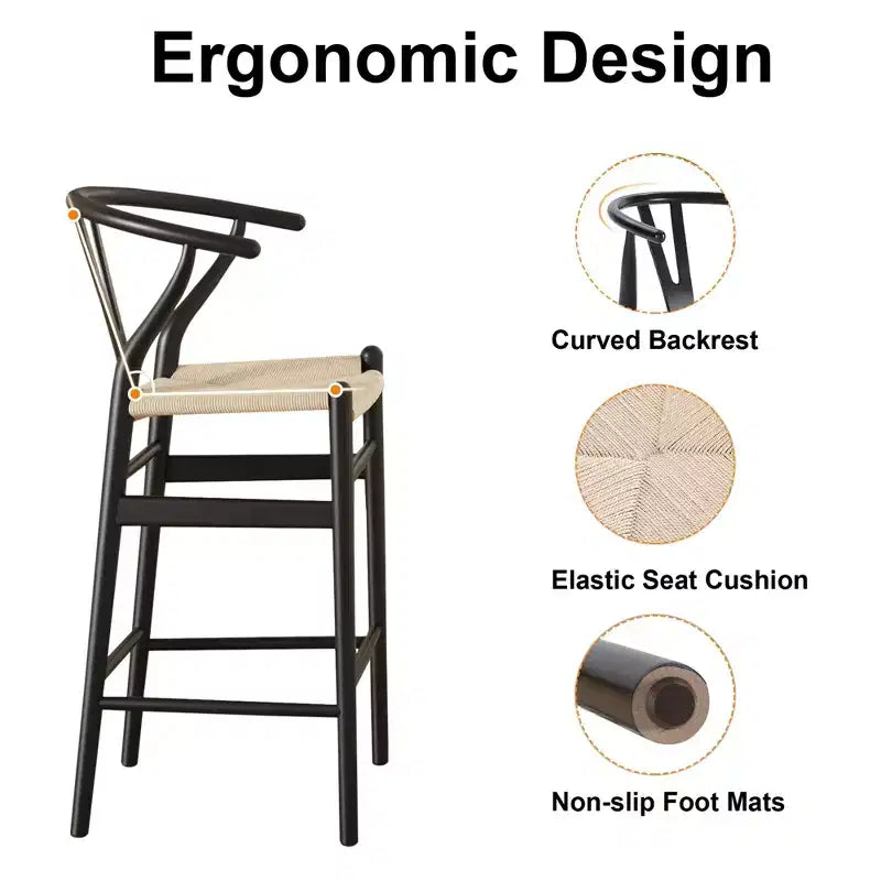 Tabouret de bar Wishbone tissé beige entièrement assemblé, moderne et robuste pour îlot de cuisine