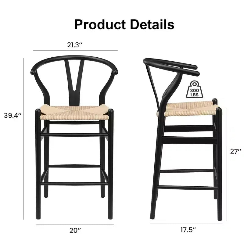 Tabouret de bar Wishbone tissé beige entièrement assemblé, moderne et robuste pour îlot de cuisine