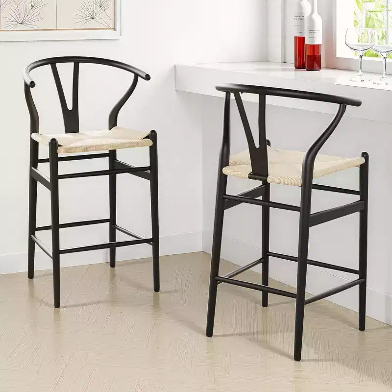 Tabouret de bar Wishbone tissé beige entièrement assemblé, moderne et robuste pour îlot de cuisine