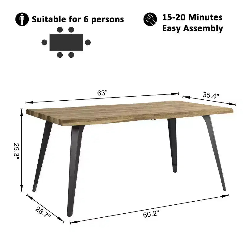 Table à manger rectangulaire 6 places, aspect bois moderne avec pieds en métal noir