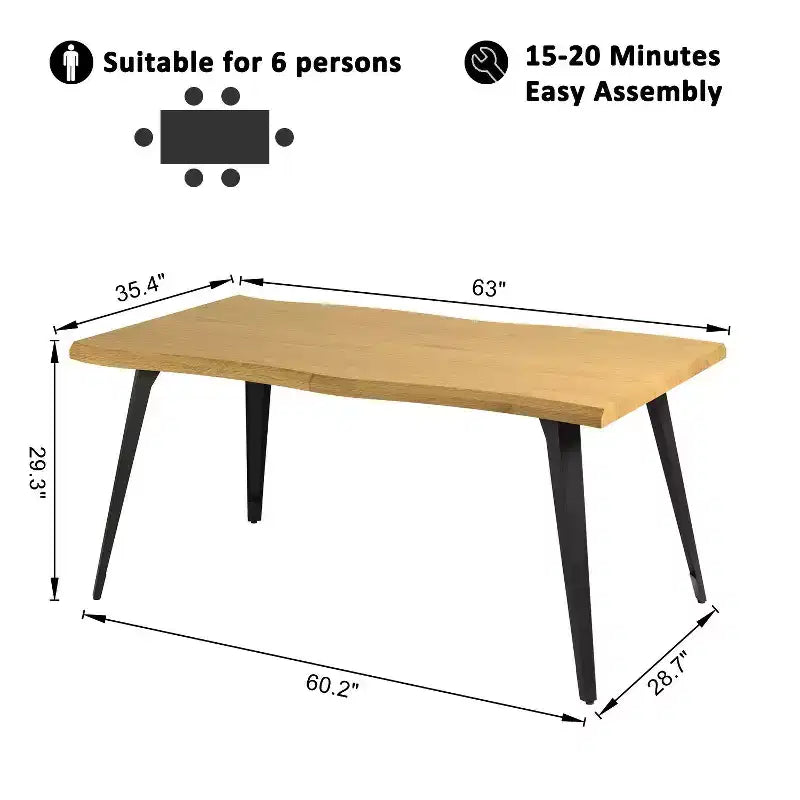 Table à manger rectangulaire 6 places, aspect bois moderne avec pieds en métal noir