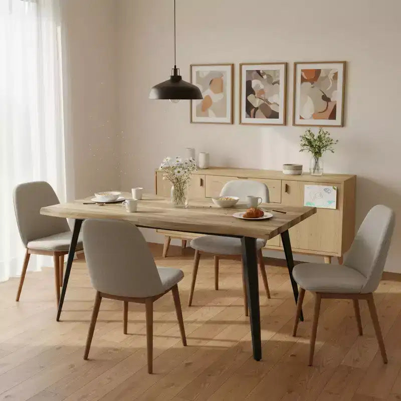 Table à manger rectangulaire 6 places, aspect bois moderne avec pieds en métal noir
