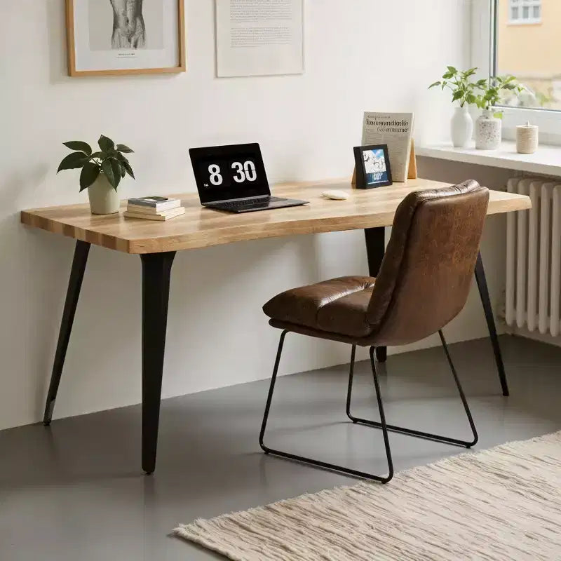 Table à manger rectangulaire 6 places, aspect bois moderne avec pieds en métal noir