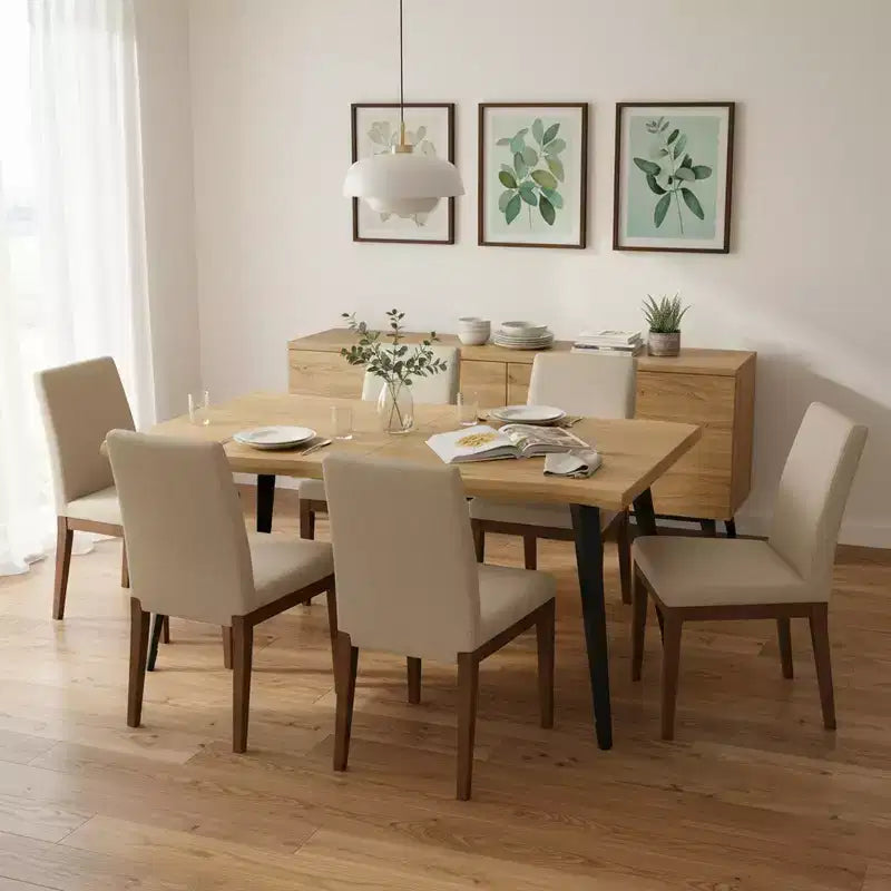 Table à manger rectangulaire 6 places, aspect bois moderne avec pieds en métal noir