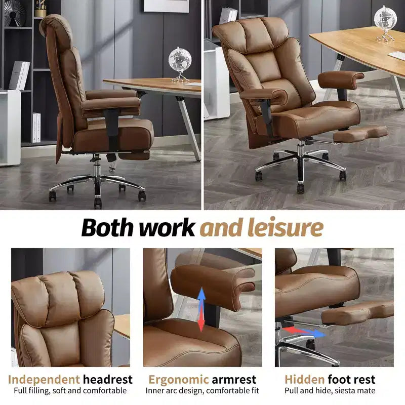 Fauteuil de bureau ergonomique 450 lbs avec repose-pieds, Fauteuil de direction en cuir PU à dossier haut avec support lombaire et accoudoirs réglables
