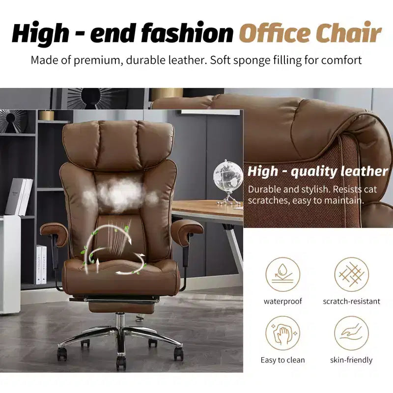 Fauteuil de bureau ergonomique 450 lbs avec repose-pieds, Fauteuil de direction en cuir PU à dossier haut avec support lombaire et accoudoirs réglables