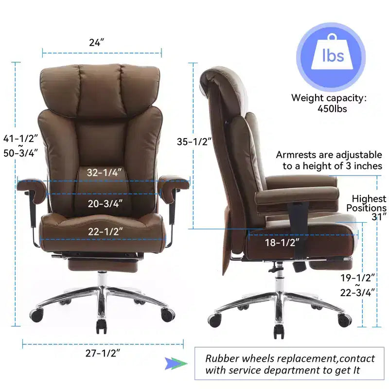 Fauteuil de bureau ergonomique 450 lbs avec repose-pieds, Fauteuil de direction en cuir PU à dossier haut avec support lombaire et accoudoirs réglables