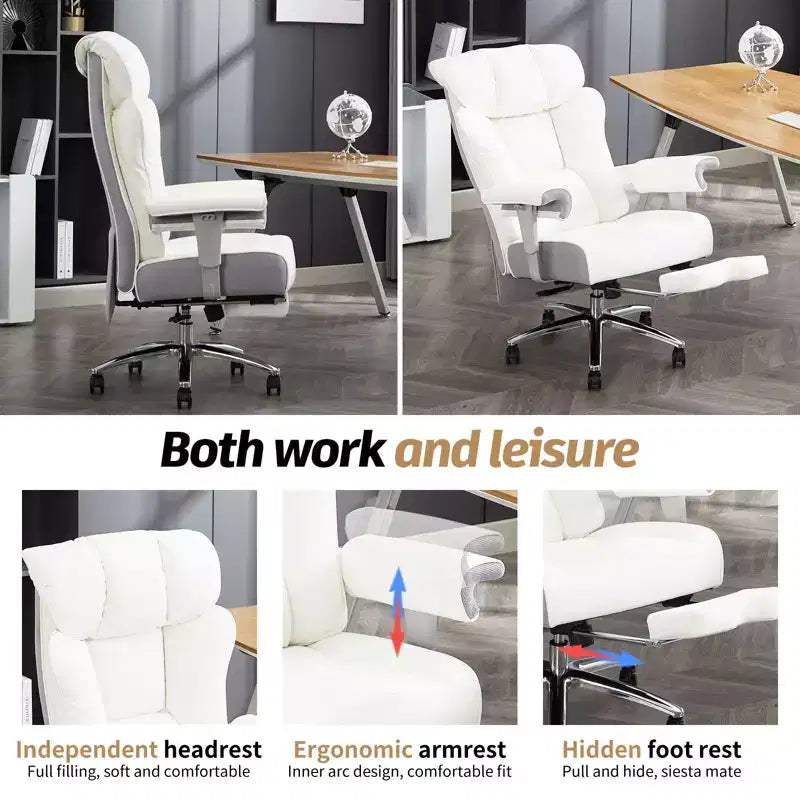 Fauteuil de bureau ergonomique 450 lbs avec repose-pieds, Fauteuil de direction en cuir PU à dossier haut avec support lombaire et accoudoirs réglables