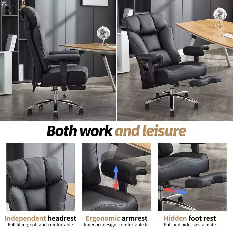 Fauteuil de bureau ergonomique 450 lbs avec repose-pieds, Fauteuil de direction en cuir PU à dossier haut avec support lombaire et accoudoirs réglables