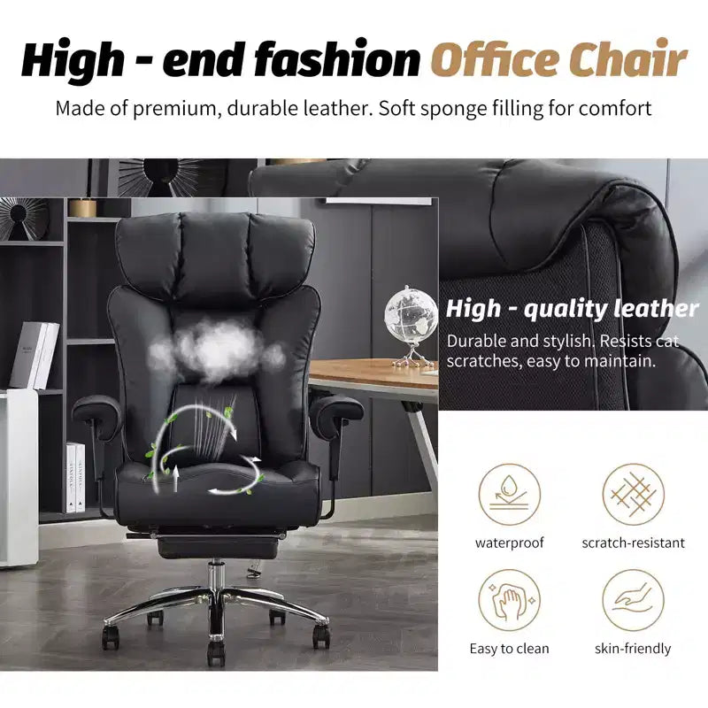 Fauteuil de bureau ergonomique 450 lbs avec repose-pieds, Fauteuil de direction en cuir PU à dossier haut avec support lombaire et accoudoirs réglables