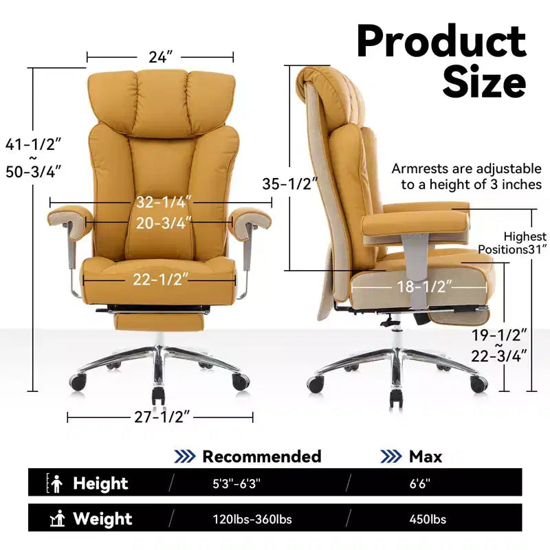 Fauteuil de bureau ergonomique 450 lbs avec repose-pieds, Fauteuil de direction en cuir PU à dossier haut avec support lombaire et accoudoirs réglables