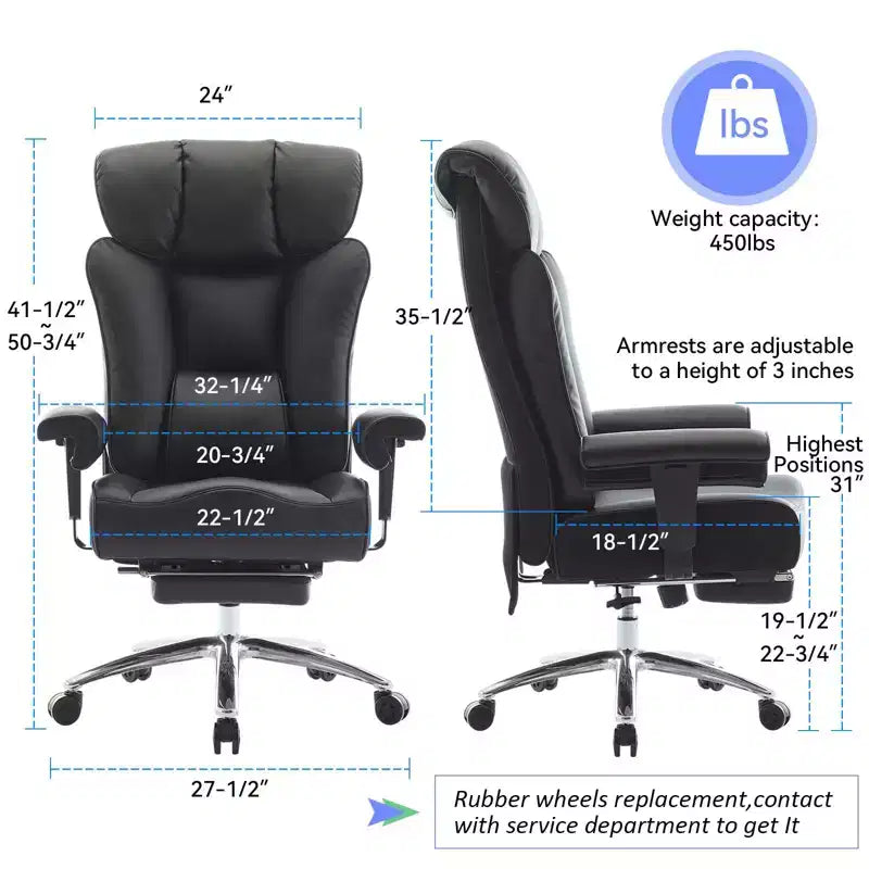 Fauteuil de bureau ergonomique 450 lbs avec repose-pieds, Fauteuil de direction en cuir PU à dossier haut avec support lombaire et accoudoirs réglables
