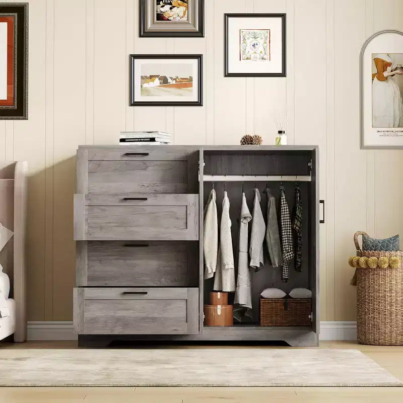 Commode en bois avec placard de rangement, Armoire de rangement avec 4 tiroirs et 2 portes