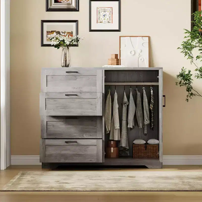 Commode en bois avec placard de rangement, Armoire de rangement avec 4 tiroirs et 2 portes
