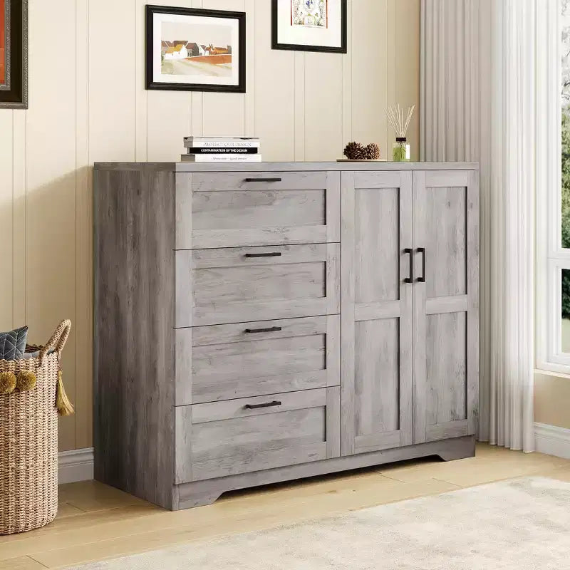 Commode en bois avec placard de rangement, Armoire de rangement avec 4 tiroirs et 2 portes