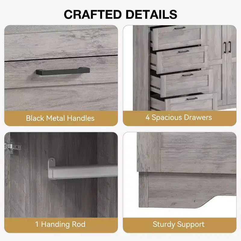 Commode en bois avec placard de rangement, Armoire de rangement avec 4 tiroirs et 2 portes