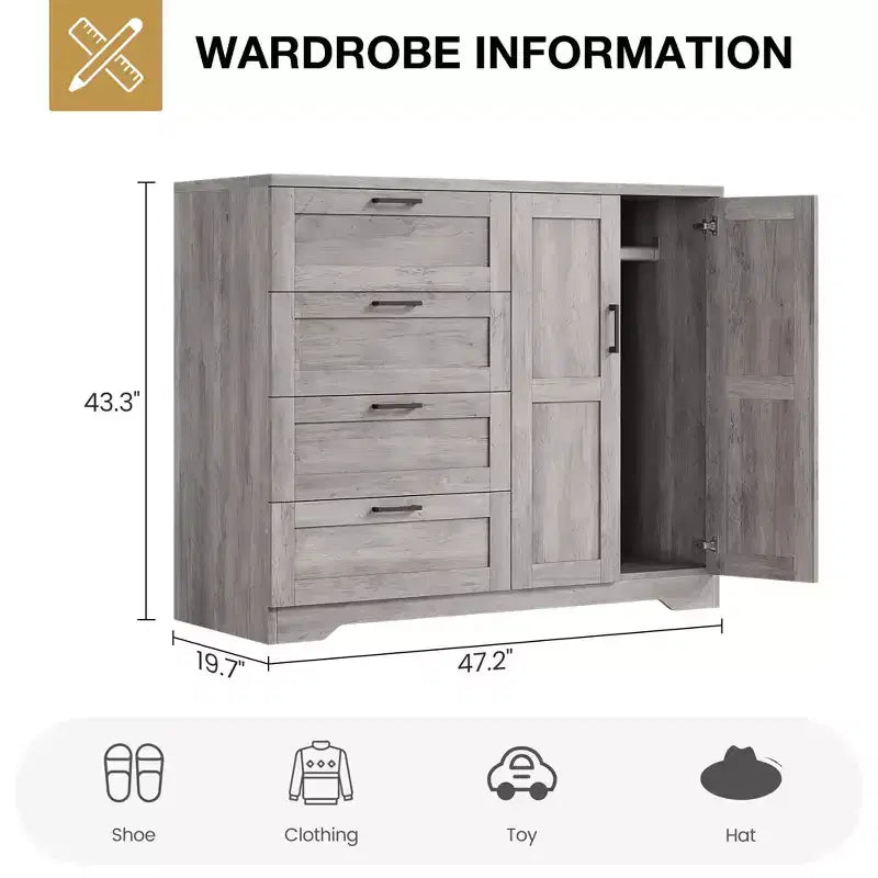 Commode en bois avec placard de rangement, Armoire de rangement avec 4 tiroirs et 2 portes