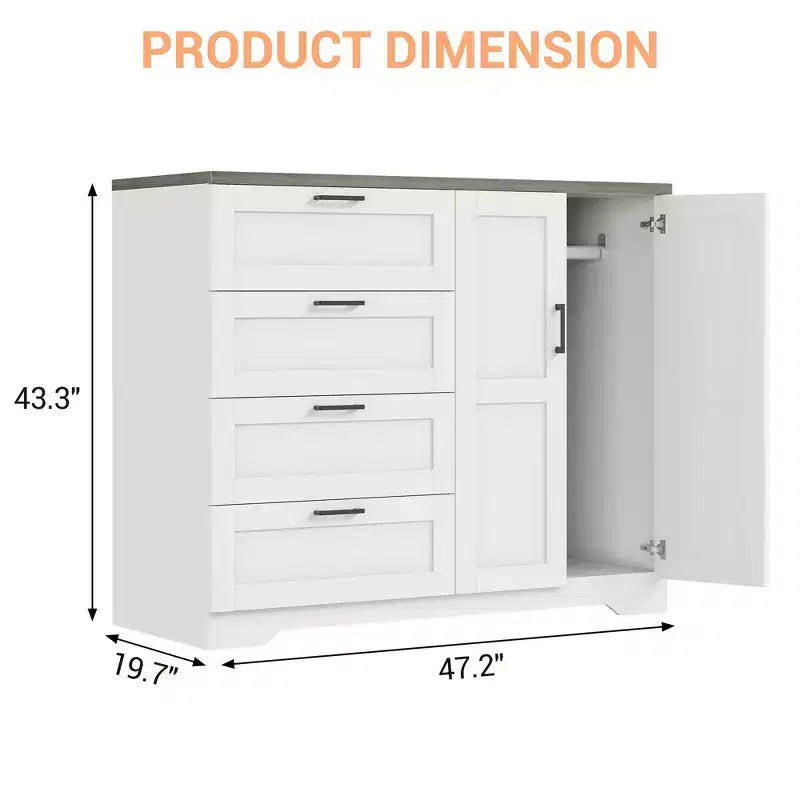 Commode en bois avec placard de rangement, Armoire de rangement avec 4 tiroirs et 2 portes