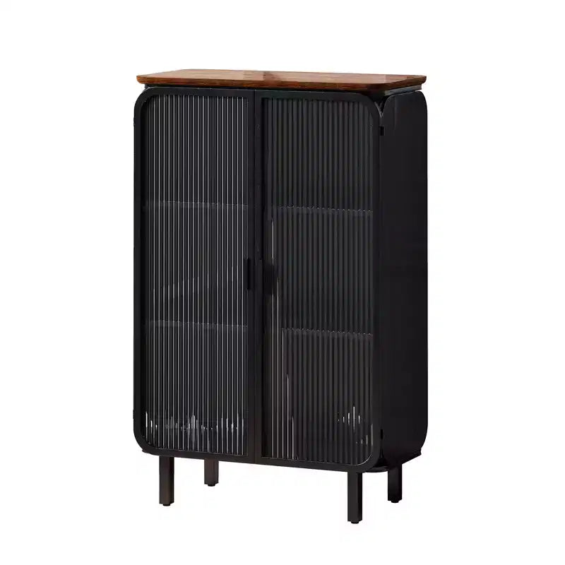 Modern Two-Door Cabinet with Glass Doors Featuring Three-Tier Storage 28.35 Unique Fir Cabinet Top for Entryway Home Black