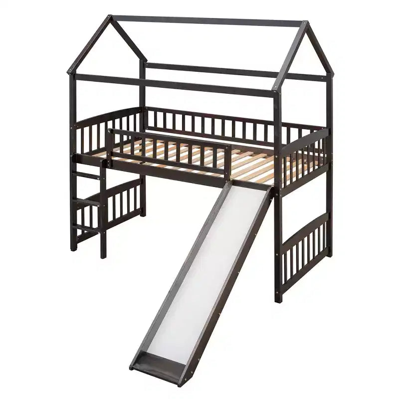 Lit mezzanine double cabane avec toboggan, structure de lit mezzanine en bois avec échelle et toit