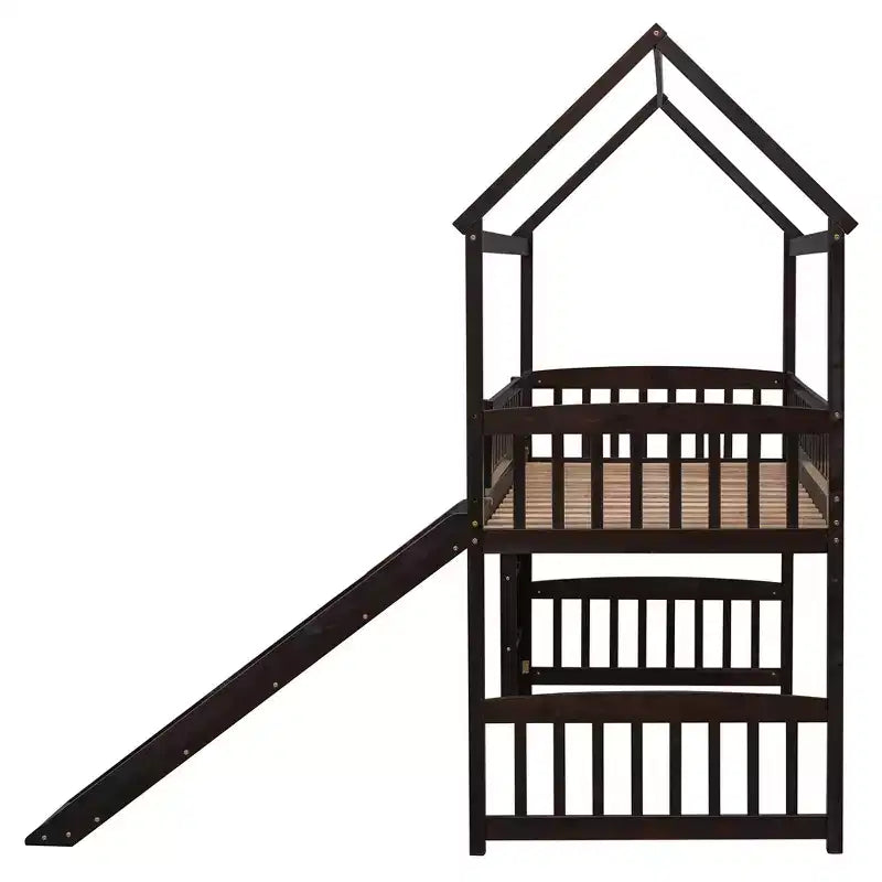 Lit mezzanine double cabane avec toboggan, structure de lit mezzanine en bois avec échelle et toit