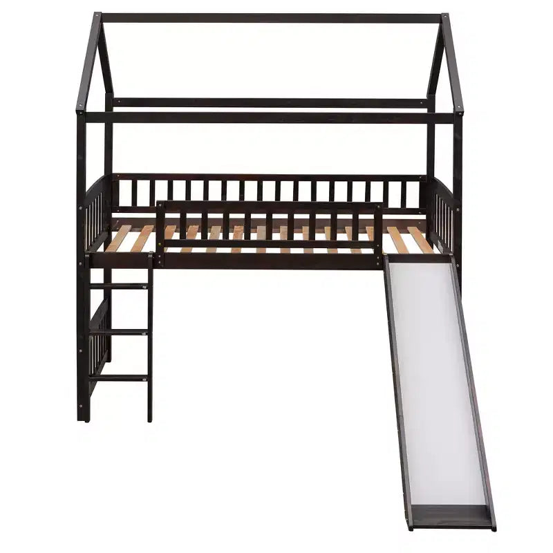 Lit mezzanine double cabane avec toboggan, structure de lit mezzanine en bois avec échelle et toit