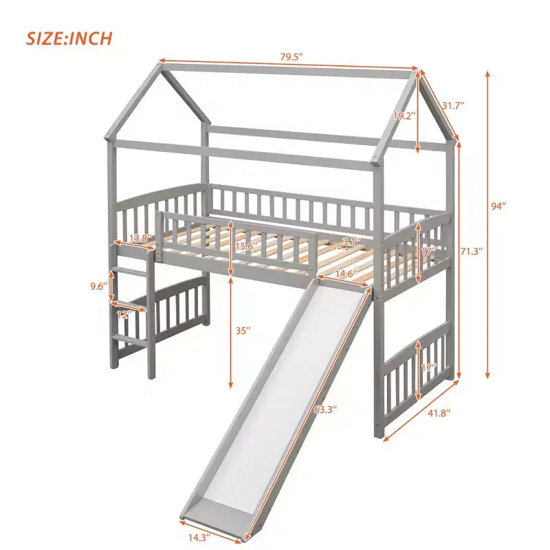Lit mezzanine double cabane avec toboggan, structure de lit mezzanine en bois avec échelle et toit