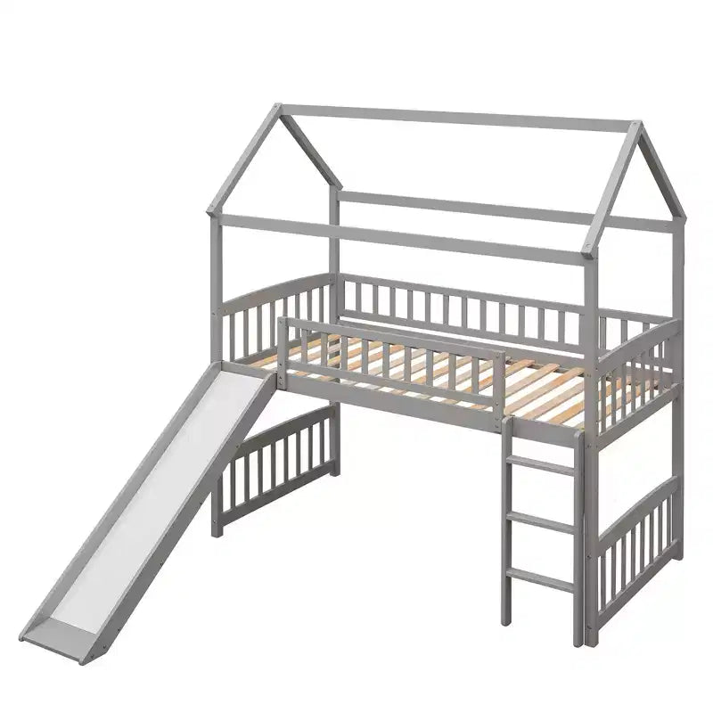 Lit mezzanine double cabane avec toboggan, structure de lit mezzanine en bois avec échelle et toit