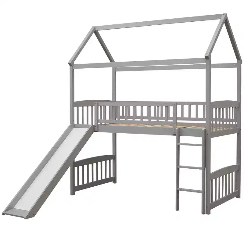 Lit mezzanine double cabane avec toboggan, structure de lit mezzanine en bois avec échelle et toit