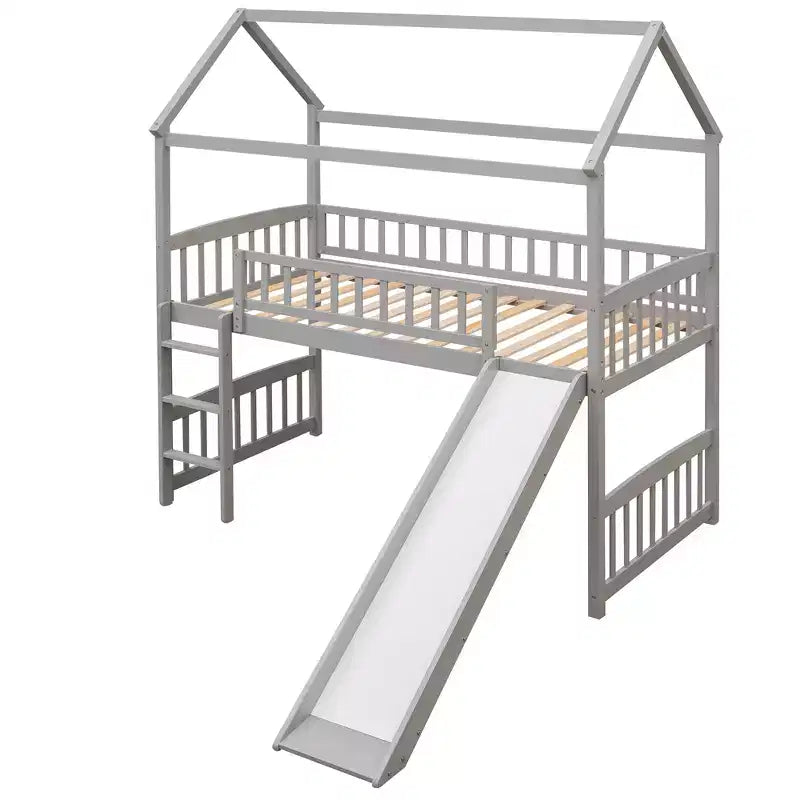 Lit mezzanine double cabane avec toboggan, structure de lit mezzanine en bois avec échelle et toit