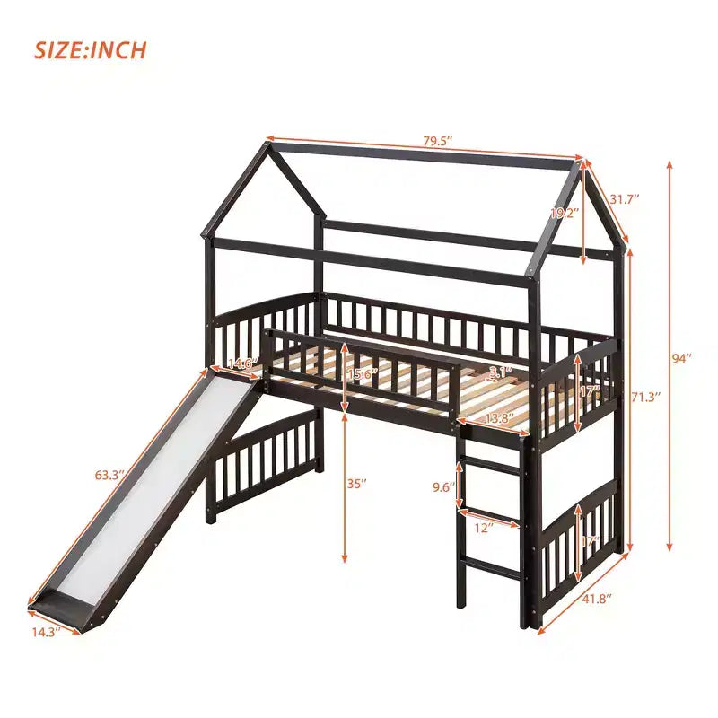 Lit mezzanine double cabane avec toboggan, structure de lit mezzanine en bois avec échelle et toit