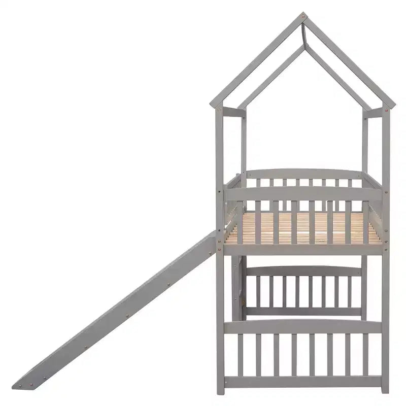 Lit mezzanine double cabane avec toboggan, structure de lit mezzanine en bois avec échelle et toit