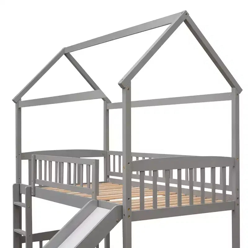 Lit mezzanine double cabane avec toboggan, structure de lit mezzanine en bois avec échelle et toit