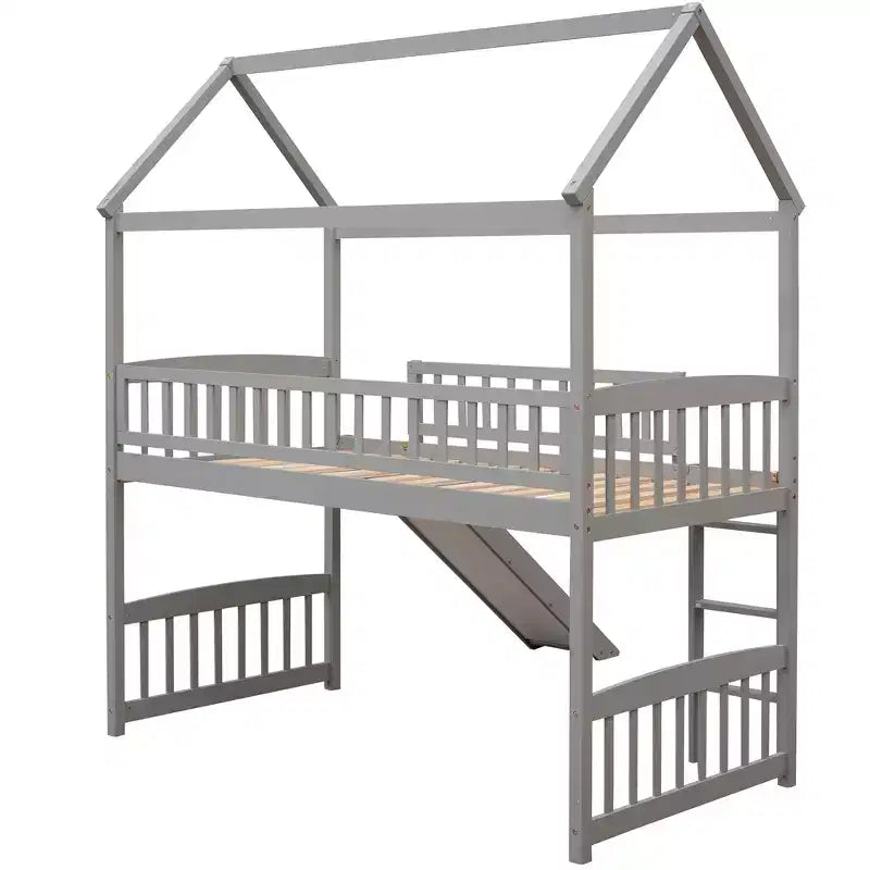 Lit mezzanine double cabane avec toboggan, structure de lit mezzanine en bois avec échelle et toit