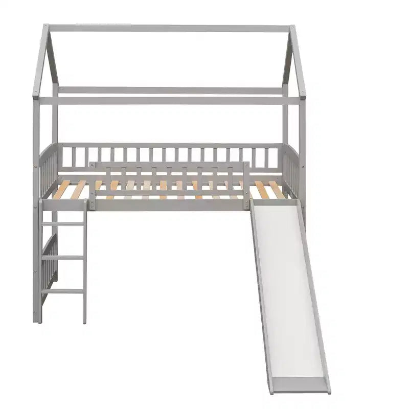 Lit mezzanine double cabane avec toboggan, structure de lit mezzanine en bois avec échelle et toit