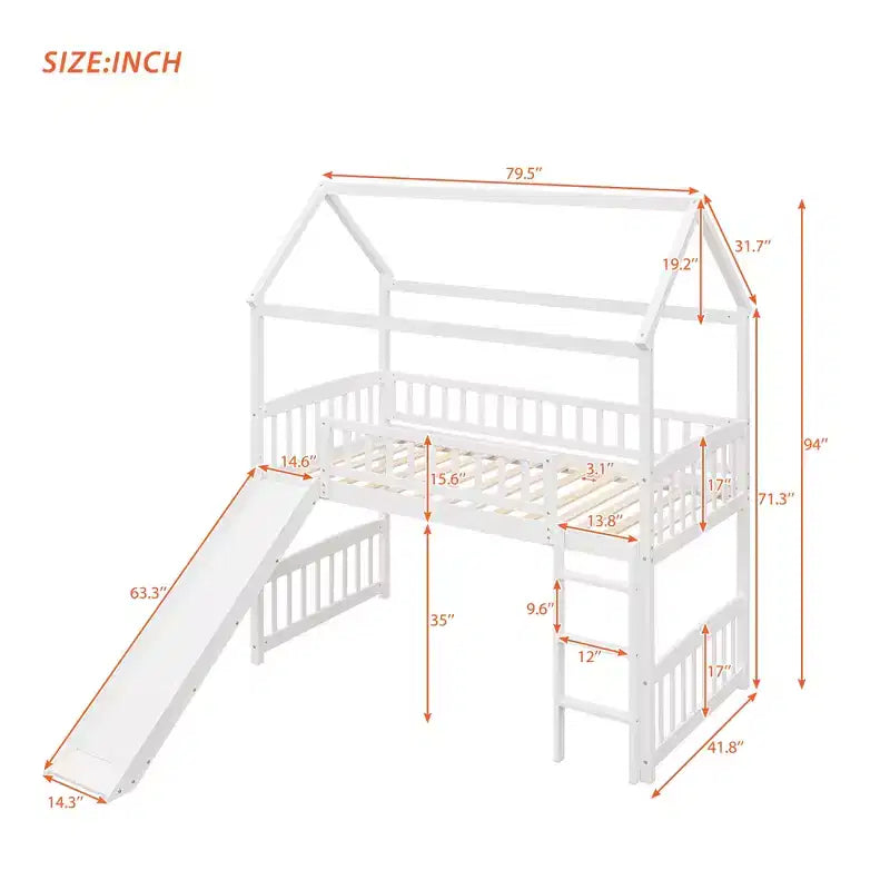 Lit mezzanine double cabane avec toboggan, structure de lit mezzanine en bois avec échelle et toit