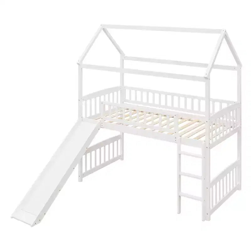 Lit mezzanine double cabane avec toboggan, structure de lit mezzanine en bois avec échelle et toit