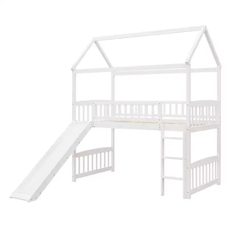 Lit mezzanine double cabane avec toboggan, structure de lit mezzanine en bois avec échelle et toit